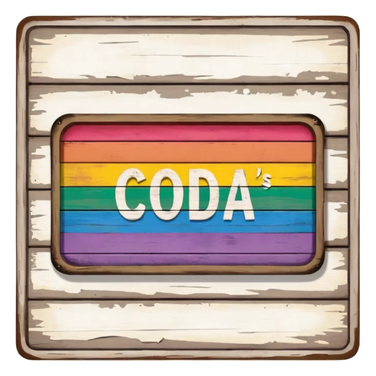 a wooden sign that says "Coda's Gay" sticker