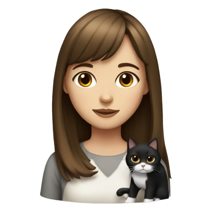 A brown haired girl with bangs with a black and white cat  sticker