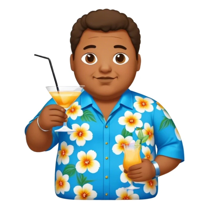 chubby guy full figure in a flowered azure havai shirt holding a cocktail sticker