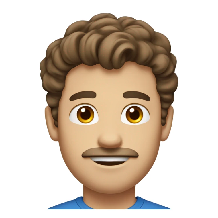 College guy with brown hair, hazel eyes, mustache, blue shirt sticker