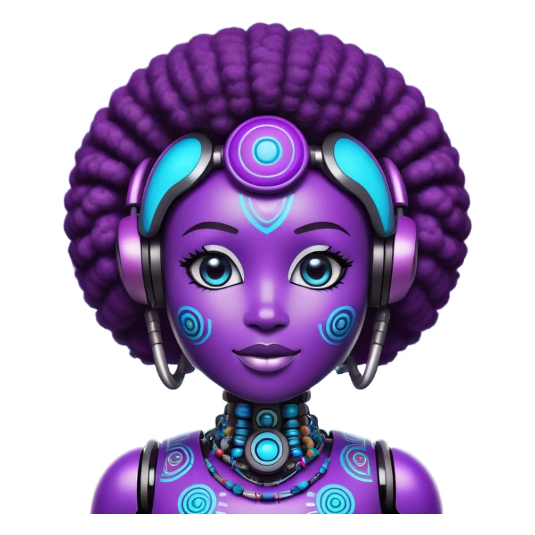 Design a bold, futuristic, and playful AI-powered mascot for Usabi, an African edtech platform teaching AI, digital, and vocational skills. The mascot should be a fun, friendly, and tech-savvy character with a vibrant personality, inspired by Nigerian culture. Think of an Afro-futuristic AI assistant with expressive emoji-like facial features, a sleek robotic or holographic aesthetic, and traditional African design elements (such as Ankara patterns, tribal marks, or bead accessories). The colors should be modern and eye-catching, reflecting tech and learning—blues, purples, and neon accents. The mascot should feel approachable, smart, and slightly mischievous, like a witty AI tutor that engages users with humor. Make sure it looks great as an app icon, social media avatar, and website assistant! sticker