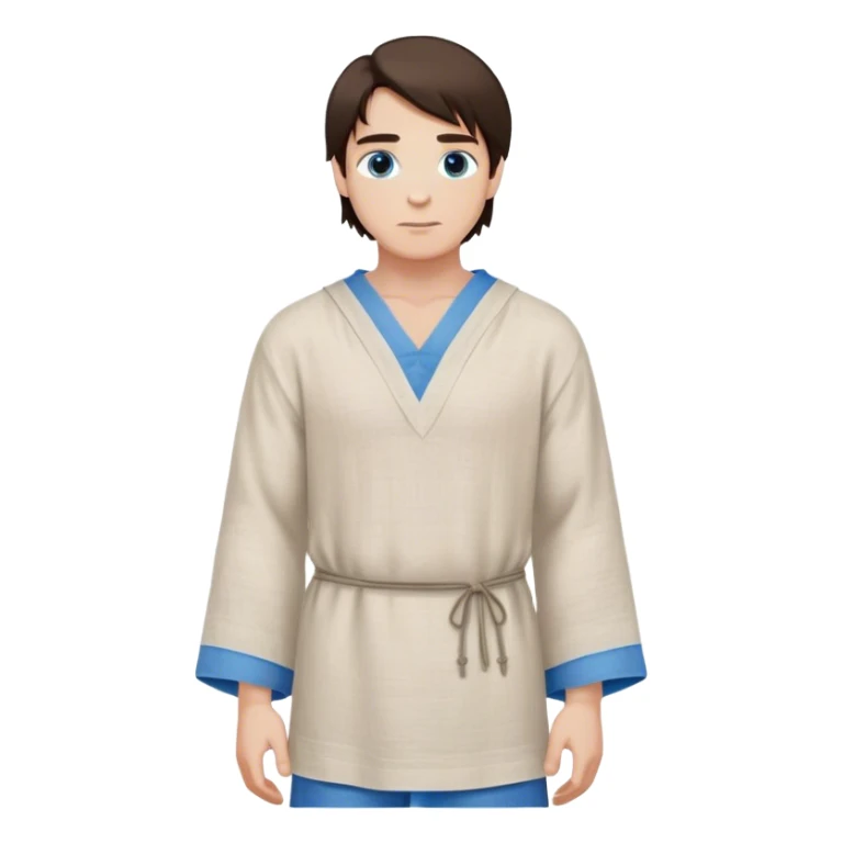 medieval spring outfit worn by a DnD themed fantasy male character. simple linen tunic with a drawstring neckline, paired with a lightweight wool shoulder wrap for mild breezes. clothes only above the waist. The clothes full waist. The character's haven't arms. character is white-skinned, dark brown hair, blue eyes, medium-length straight hair. sticker