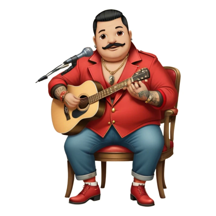 Icon for Chanson: Old fat chanson singer with tattoos and short moustache, red jacket, gold chains and braslettes, sitting on a chair with an acoustic guitar and standing microphone. The atmosphere should reflect a nostalgic, soulful vibe with vintage elements. Transparent background. sticker