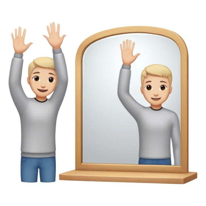 A person standing in front of a mirror, smiling slightly as they raise their hand for a self high-five. Their reflection looks back, showing a small but noticeable shift—from hesitation to self-acceptance. sticker