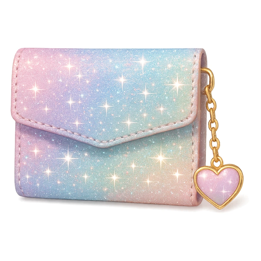 girly sparkling wallet with heart charm, no background, pastel colors, shiny and glittering sticker