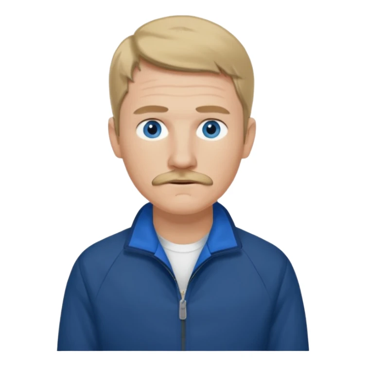 Coach Heider from Mysterious Skin with blue eyes, dark blonde hair and thin mustache, dark blue shirt, white jacket sticker