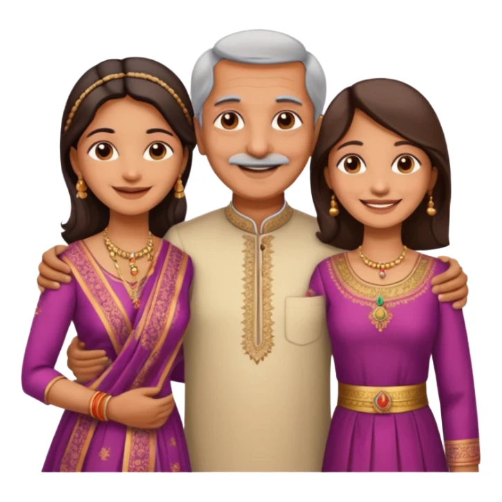 Indian family with a 70 years old father and mother and a 40 years old daughter. They wear a traditional dress. They are smiling. sticker