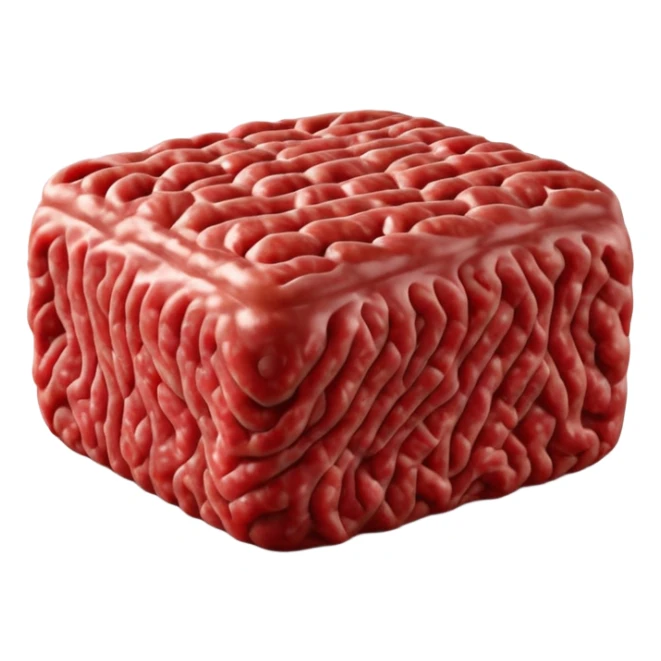 compact portion of raw ground beef, deep red, visible texture, moist, flecks of fat, not uniform, natural look, clean 3D rendering, soft light, subtle shadow, no packaging, no anthropomorphic features, transparent background, emoji scale sticker