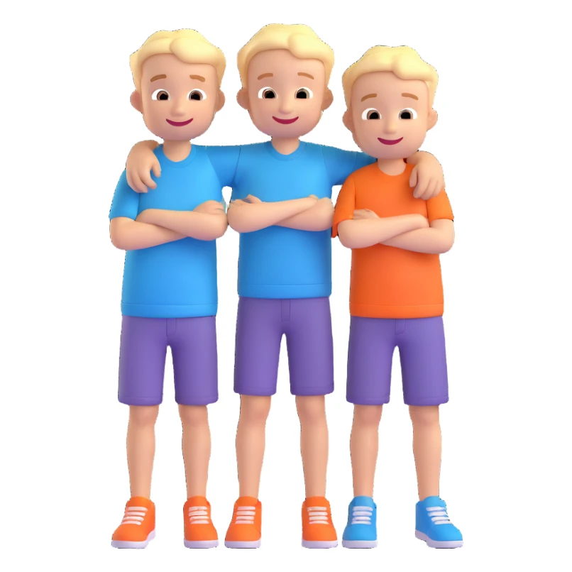 Two cartoon-style boys with similar features, arms around each other's shoulders, smiling, matching outfits, standing close, white background, emoji style sticker