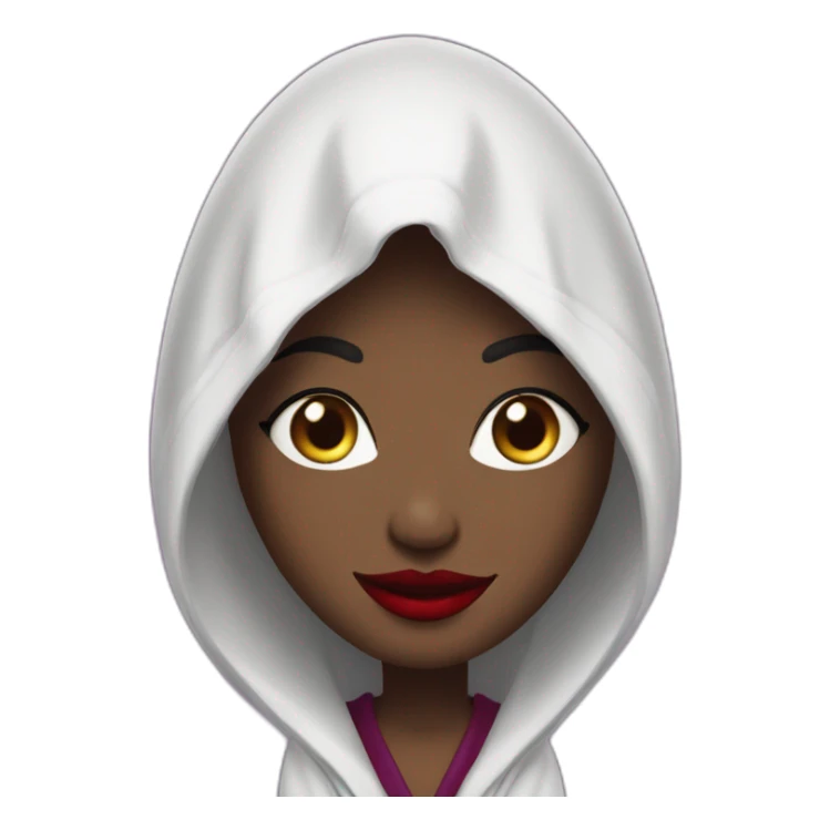 Goddess, purple hodded robe, eyes covered, red lips, wicked grin sticker