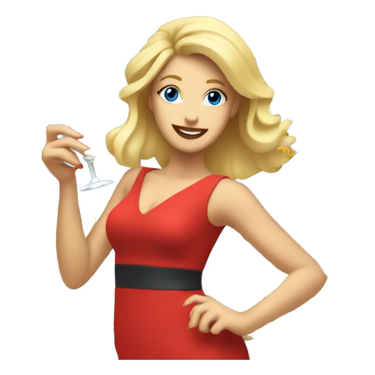 blonde white woman with blue eyes dancing in short red dress while holding pineapple cocktail sticker