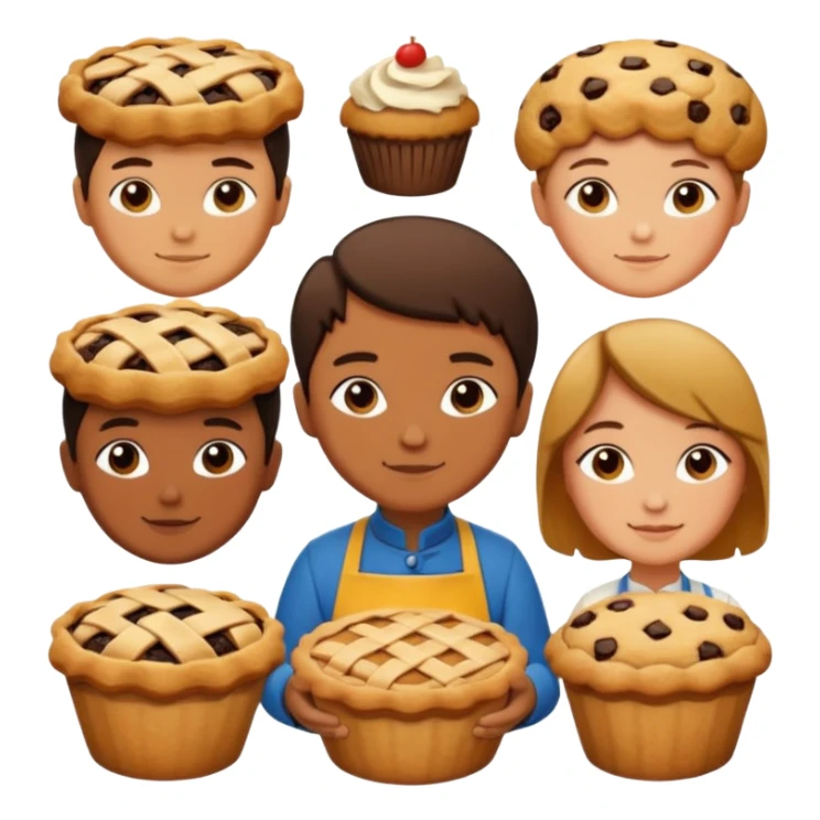 Baking community humanless avatar in vibrant style illustration. Pie, cookie, and muffin warm golden tones, simple shapes, flat design, high contrast. sticker