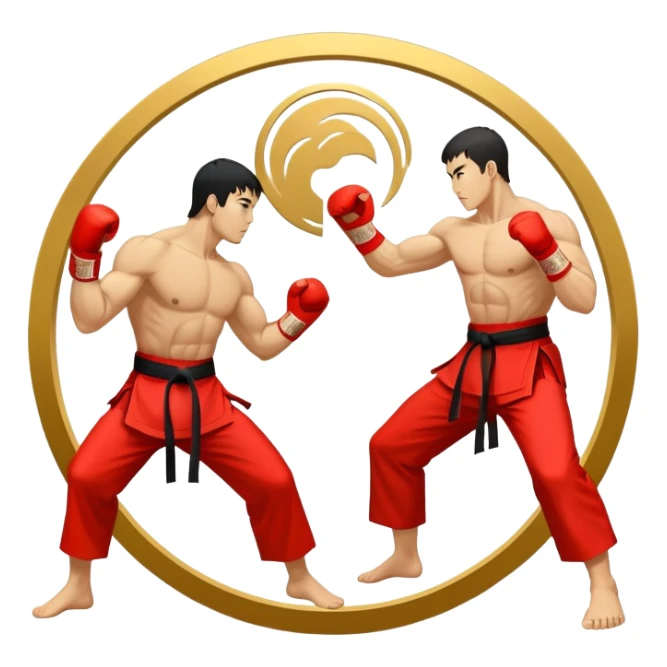 Round emblem symbolizing striking martial arts. The emblem features two fighters in dynamic stances, one delivering a powerful punch while the other defends with a block. In the center, a stylized fist and foot crossed to represent the essence of striking.  sticker