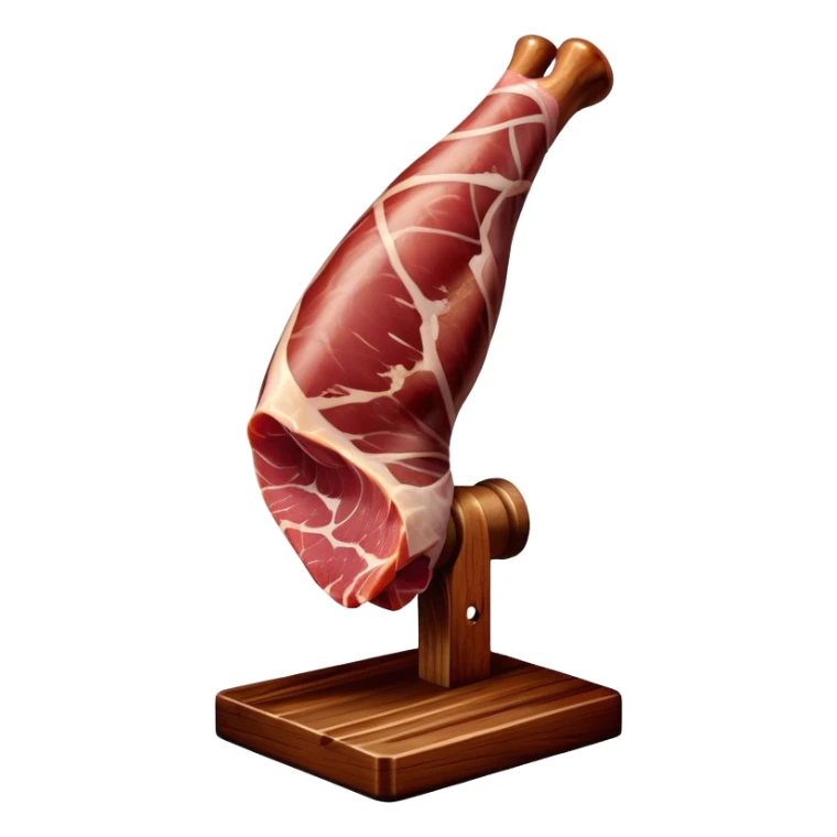 ​Cinematic Realistic Spanish Jamón Leg, depicted as a massive, cured leg of Jamón serrano (ham) with a deep reddish-brown hue, intricately marbled and slightly glossy with age, elegantly displayed on a rustic wooden stand and bathed in warm, soft lighting that accentuates its artisanal heritage, sticker
