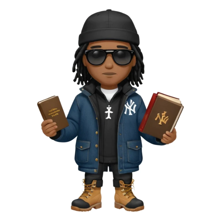 African American man with shoulder length black dreadlocks and black sunglasses wearing a black New York Yankees baseball hat with a North Face brand bubble winter coat with denim skinny jeans and timberland boots walk holding a holy bible sticker