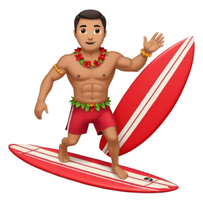 Dark-haired tan muscular 50 year old man with red shorts and shell lei surfing sticker