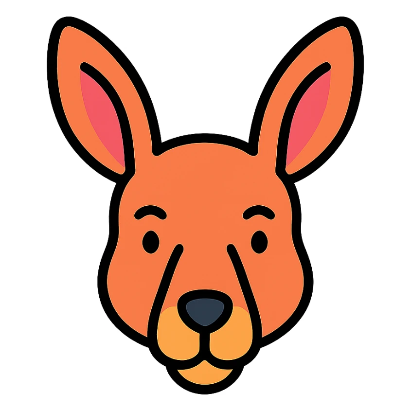 stylized kangaroo head icon, large ears, curved snout, gentle expression, modern icon style sticker