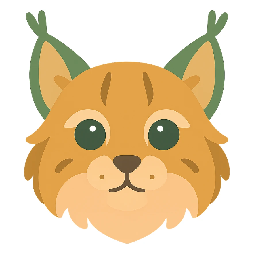 A cute and soft lynx face with big, expressive eyes, designed in a warm and magical color palette: golden orange (FA9B41), forest green (4A7C5C), muted taupe brown (96775A), and pastel peach (FFCC9A). The lynx’s fur is fluffy and soft, with a mix of warm browns and golden highlights. Its ears are tipped with tufts of fur in greenish tones, and its cheeks are gently rounded with subtle peach accents. The eyes are bright and curious, surrounded by soft fur in the warm color palette. The overall look is adorable, serene, and enchanting, evoking a gentle, woodland atmosphere. sticker