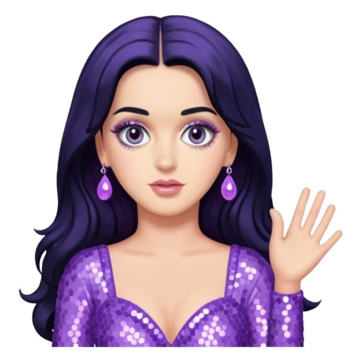 Katy Perry with long black hair, lavender sequin outfit sticker