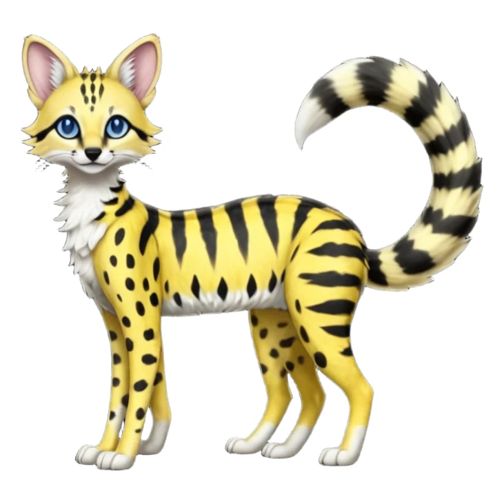 Lanky slender beautiful elegant spotted hype-realistic, black-maned, vibrant yellow Genet-Serval-Sergal-Margay-Fox-fusion-hybrid-furry-fursona, full body, with a long puffy fluffy black-and-white-striped tail, with natural blue eyes sticker