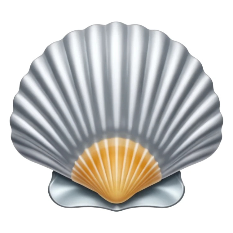 A seashell emoji made of polished silver chrome, smooth curved surface, reflective metallic highlights, elegant minimal design, iOS emoji style, centered, clean white background, soft lighting sticker