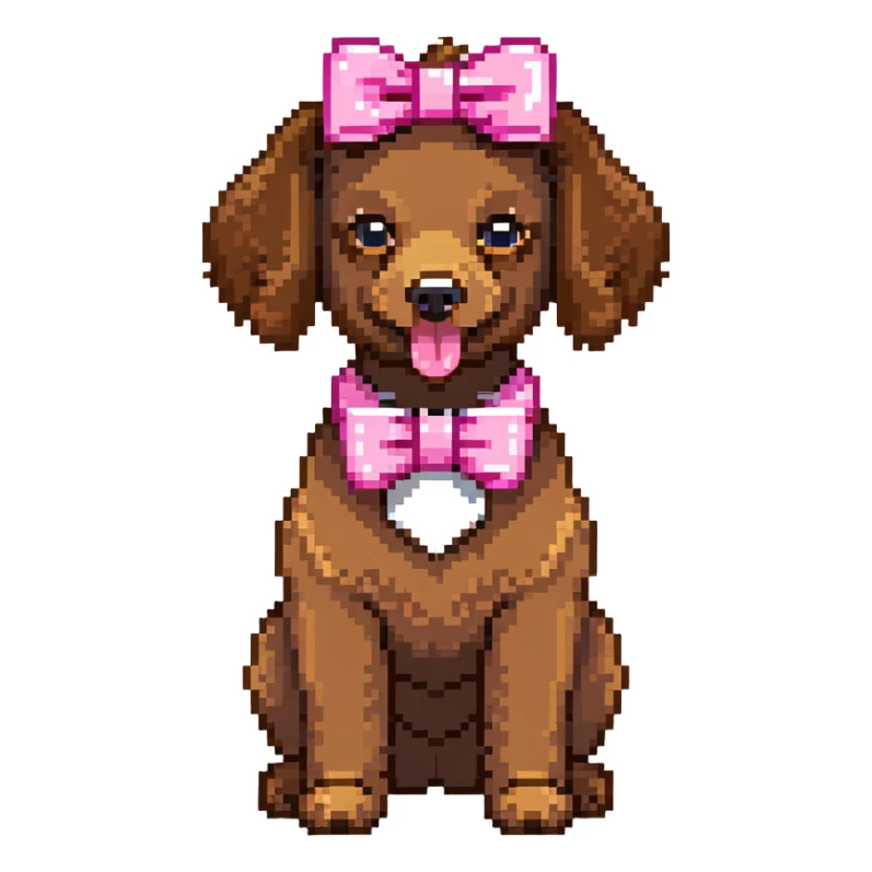 cute brown poodle with a pink bow on its head and tail, tongue sticking out, and a pink collar sticker