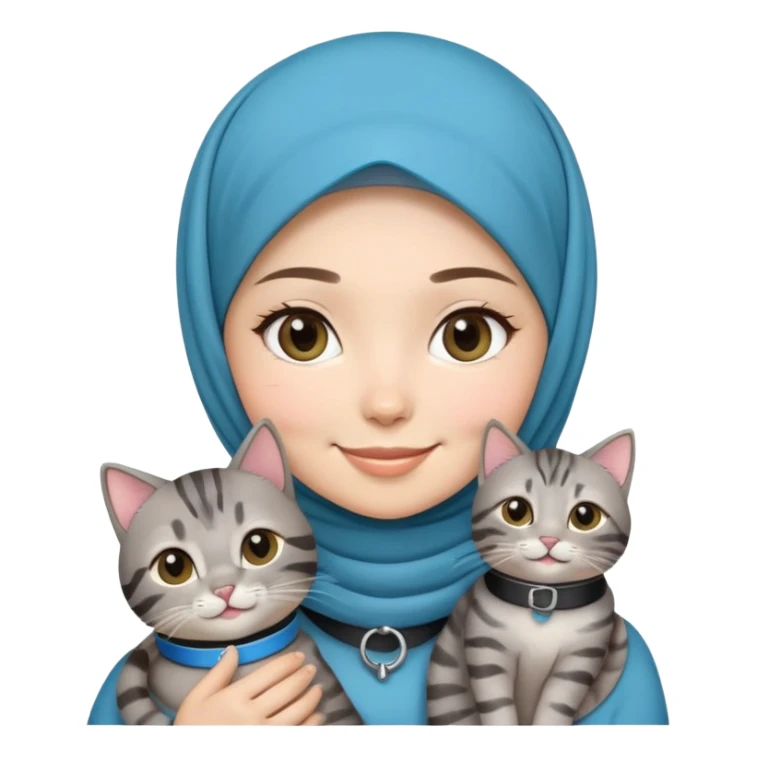 Asian White girl wearing cute hijab holding a black grey tabby cat while smiling. The cat is wearing a blue collar sticker