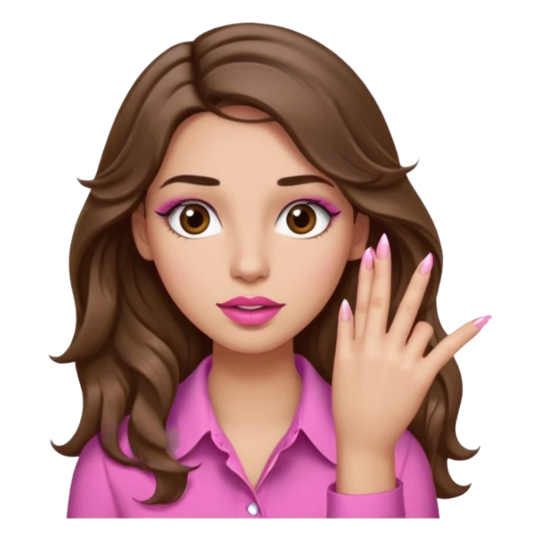 girl with long wavy brown hair, brown eyes, light to medium complexion, in a pink shirt, pink lips, long lashes, puckered lips,  showing  long finger nails sticker