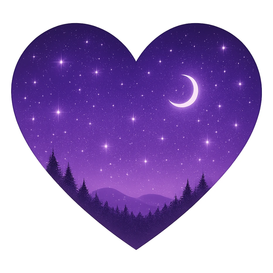 Modify the heart with a night sky gradient to a purple night theme with a purple gradient, more stars, and a soft glow. Remove the background entirely yellow sticker