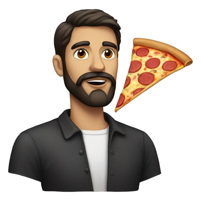 dark hair bearded man with lipstick and pizza sticker