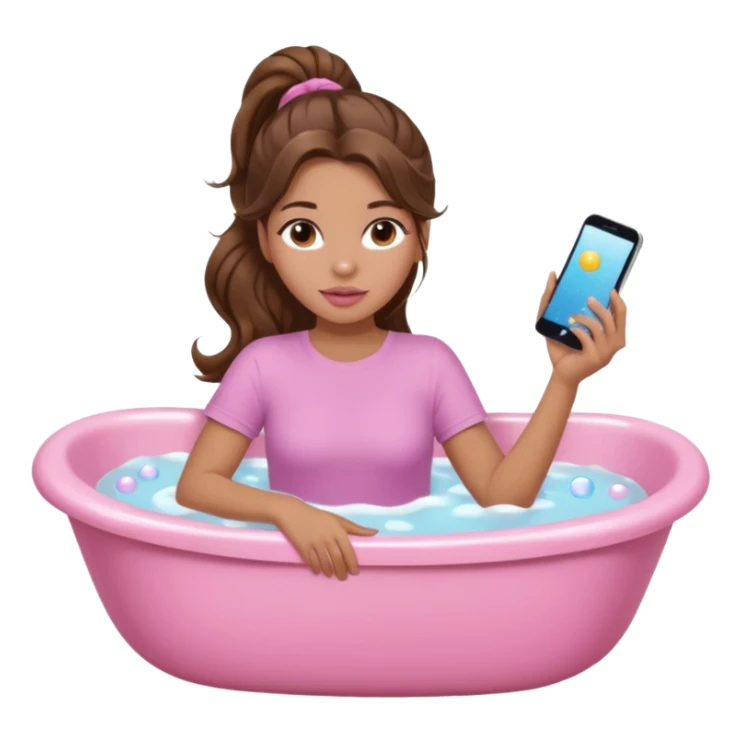 girl with wavy long ponytail brown hair, brown eyes, light to medium complexion, long lashes, light pink lipstick, wearing light pink shirt, lying full body in a bathtub with bubbles sticker