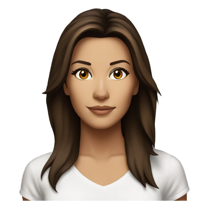 3/4 face, contrasted, shadow, light, Eva Longoria expression, standing from a distance, thin nose, brunette woman, hazel eyes, long eyelashes, dark shoulder shaded hair, white t-shirt, jeans, white sneakers sticker