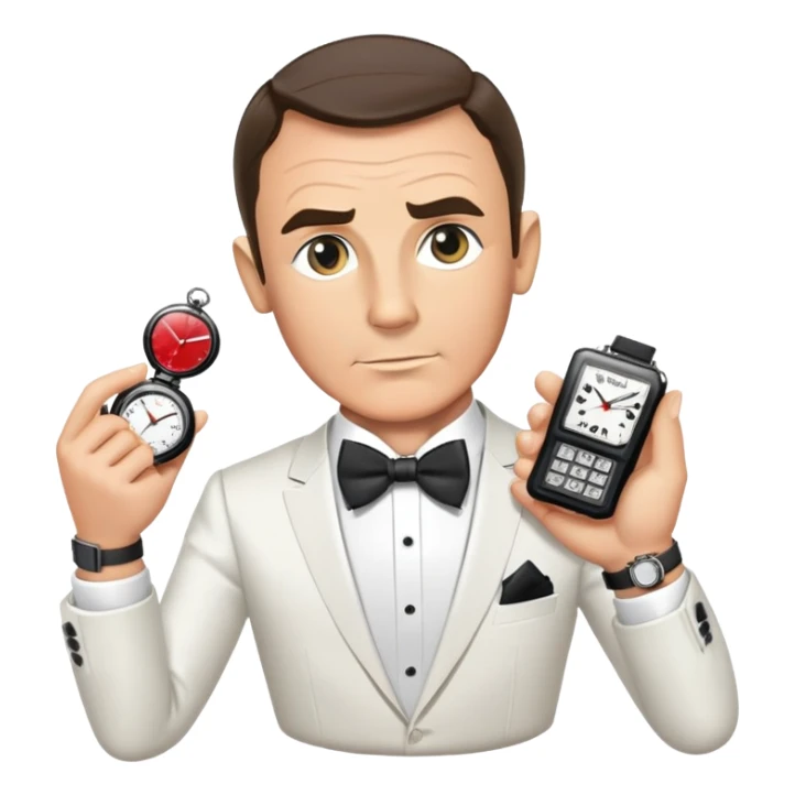 James Bond with spy gadget watch and bow tie sticker