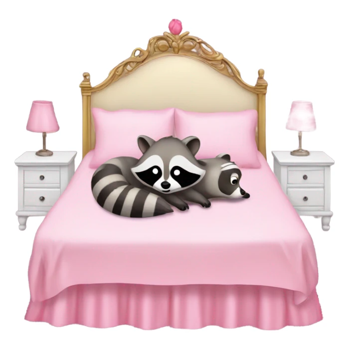 princess style bed with sleeping cute racoon wearing pink bow on head in it sticker