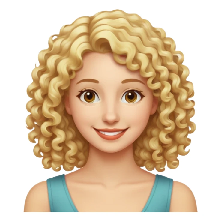 "- Nữ
- 30 tuổi
- Da trắng
- Tóc xoăn vàng, ngang vai
- Mặt cười mỉm
" sticker