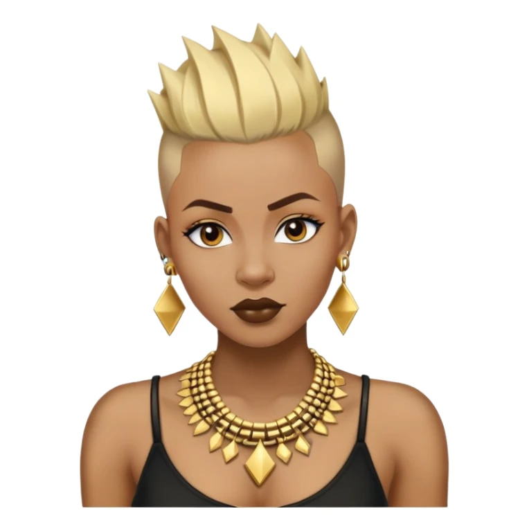 An african woman with shaved sides and blode tip and black root mohawk  and with gold earrings and necklace sticker