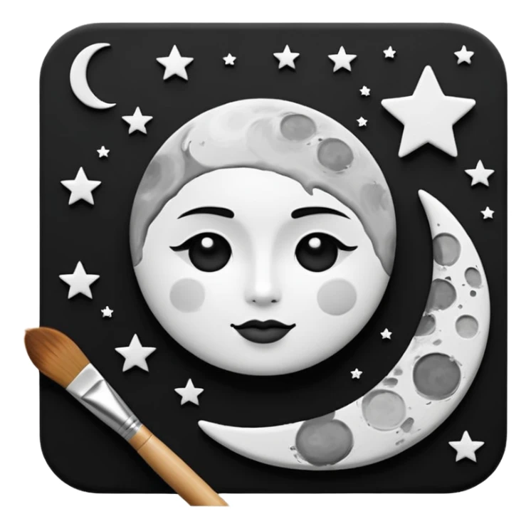 Visualize on-brand content — instantly. black white pallete preferred. brush painting on a canvas. app icon. modern, sleek, minimalistic. ai generated. make moon and star to look like a face. sticker