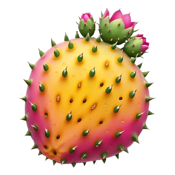 one whole prickly pear fruit with slightly oval shape, smooth skin dotted with tiny subtle spines, skin color vibrant pink to yellow-orange, halved version reveals vivid magenta or golden pulp speckled with small seeds, no cactus pads, knife, or extras, soft lighting, subtle shadows, emoji scale sticker