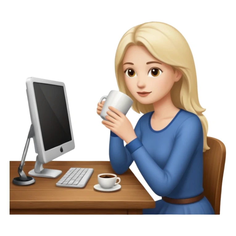 mujer blanca tomando un solo cafe y con un computador sentada en una mesa  sticker