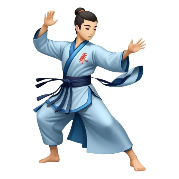 Emblem symbolizing Wushu martial arts. A graceful martial artist performs a dynamic kung fu pose, with flowing movements and a long, elegant robe. The background features stylized clouds and traditional Chinese symbols, representing fluidity, balance, and precision. Transparent background. sticker