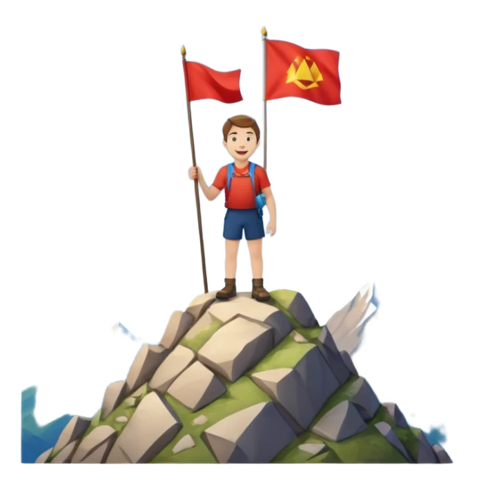 happy man on a mountain summit, mountain clearly under his feet, holding a flag sticker
