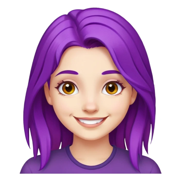 A girl with vibrant purple hair, smiling face sticker