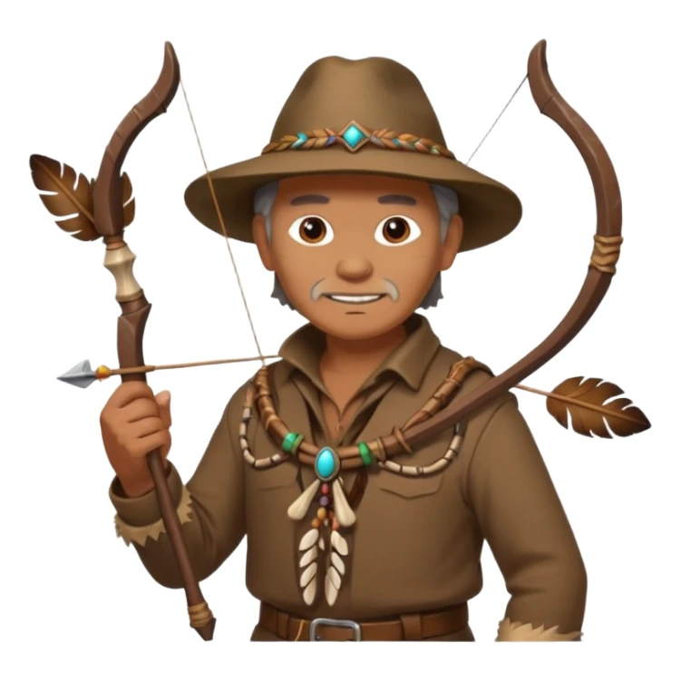 The classic image of a middle-aged uncle hunter carrying a bow, dressed in brown clothes, with some ornaments made of feathers, bones or teeth on his body. sticker