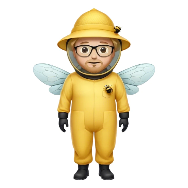full body medium plus size male bee keeper in yellow and black with short light strawberry blonde hair and goatee wearing glasses with bee keeper hat sticker