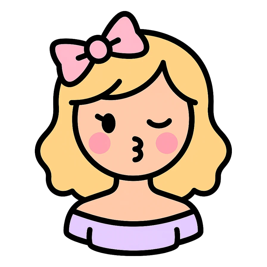 coquette, soft pastel colors, flirty expression, bow accessory, color icon style sticker