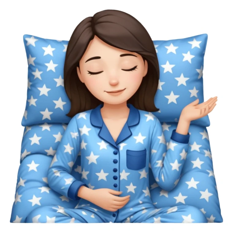 {
      "type": "human",
      "look": "woman in star-print pyjamas, soft blue set, sleepy smile",
      "description": "a woman in soft blue star-print pyjamas smiling sleepily"
    } sticker