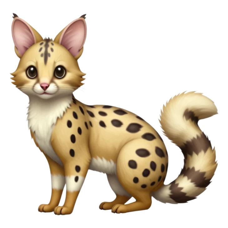 realistic fur with random dark markings beautiful elegant pretty precious cute  Fakémon-Pokémon-opossum-feline-serval-caracal-chinchilla-Furret-Minccino-hybrid-creature with a big fluffy bushy tail (full body) sticker