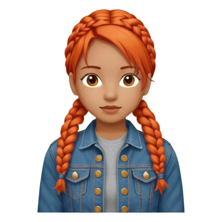 red orange braids hair girl, wear jean jacket sticker