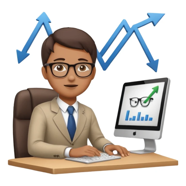 A person sitting at a desk working on a computer with upward arrows and percentage signs, suggesting digital sales, marketing, or outreach. sticker