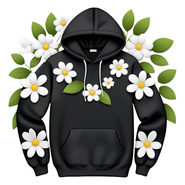 "Design a black hoodie adorned with scattered, medium-sized black and white flowers. Each flower should consist of a bold, thick white ring forming the petals, with a completely hollow center, creating an open, circular look. The flowers should have an irregular, asymmetrical shape and be evenly distributed across the hoodie, including the sleeves and hood. Keep the design minimalistic—no detailed petals, shading, or filled centers, just simple, bold, hollow ring-like floral patterns." sticker